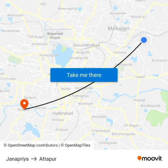 Janapriya to Attapur map