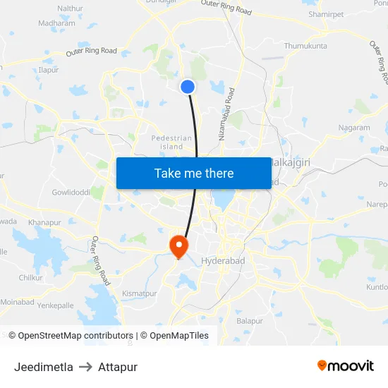 Jeedimetla to Attapur map