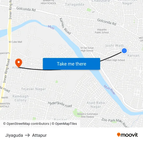 Jiyaguda to Attapur map