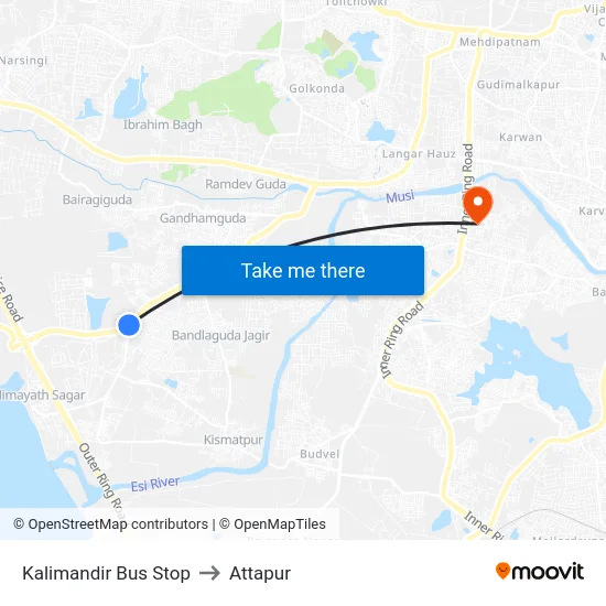 Kalimandir Bus Stop to Attapur map