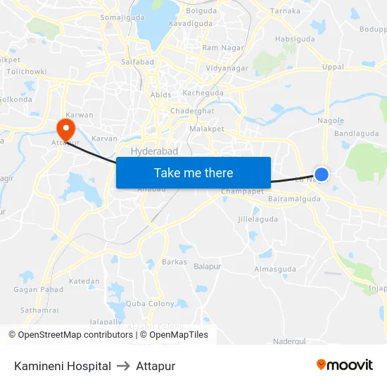 Kamineni Hospital to Attapur map