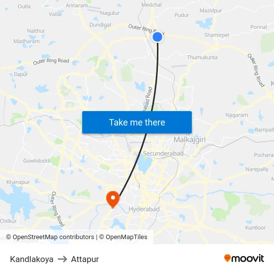 Kandlakoya to Attapur map