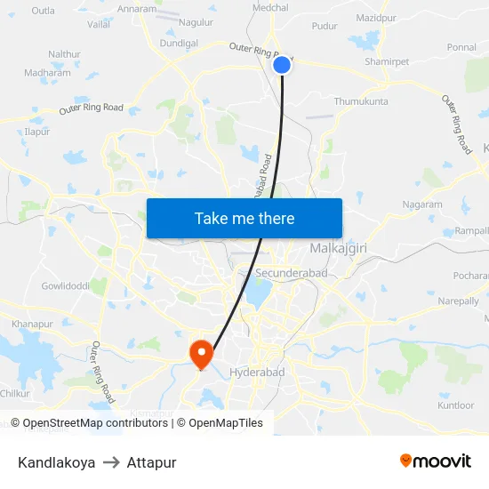 Kandlakoya to Attapur map