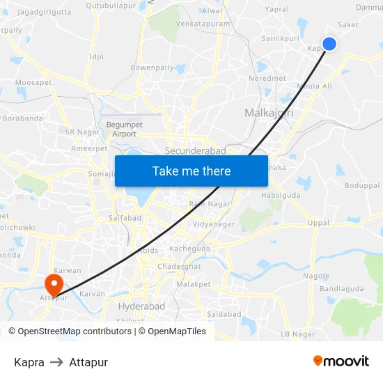 Kapra to Attapur map