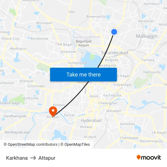 Karkhana to Attapur map