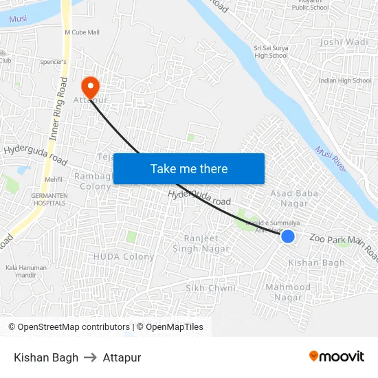 Kishan Bagh to Attapur map