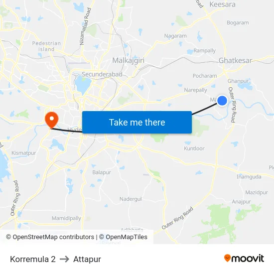 Korremula 2 to Attapur map