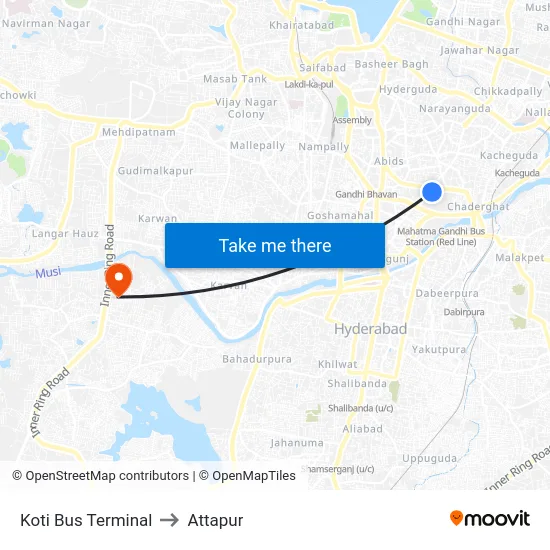 Koti Bus Terminal to Attapur map