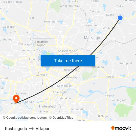 Kushaiguda to Attapur map