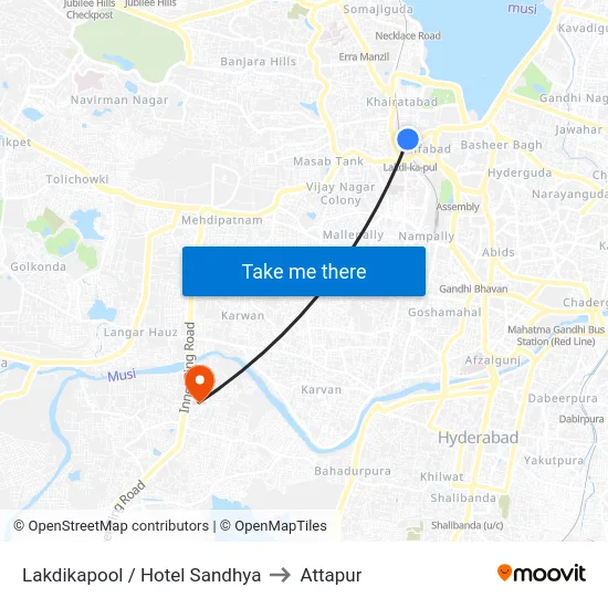 Lakdikapool / Hotel Sandhya to Attapur map