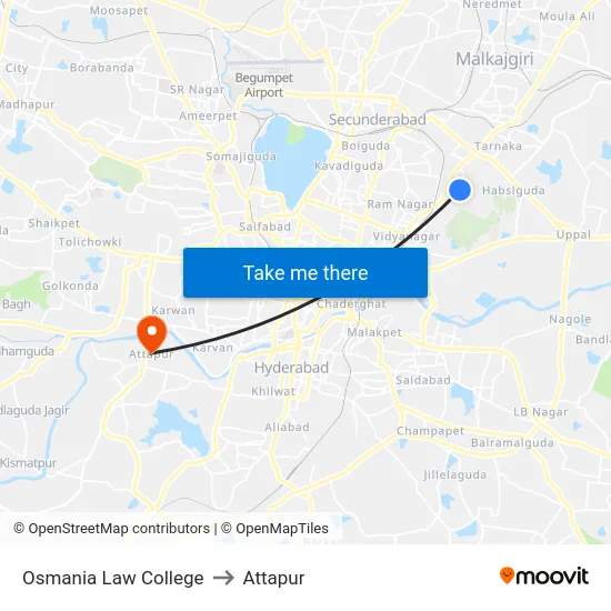 Osmania Law College to Attapur map