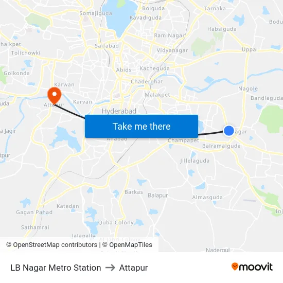 LB Nagar Metro Station to Attapur map
