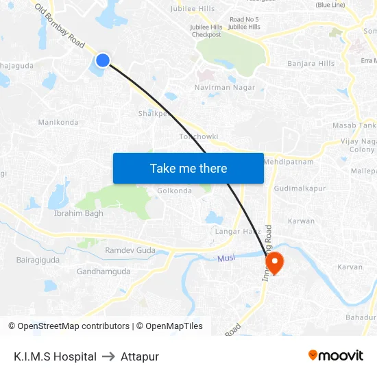 K.I.M.S Hospital to Attapur map