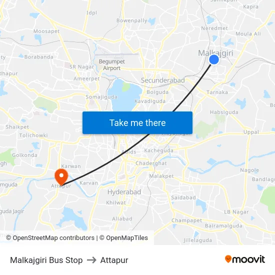 Malkajgiri Bus Stop to Attapur map