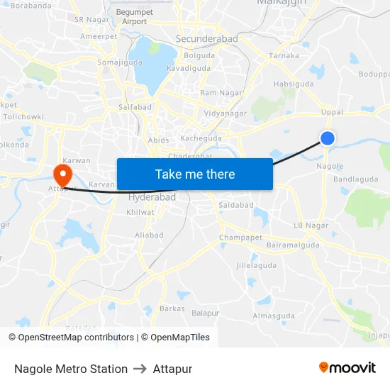 Nagole Metro Station to Attapur map