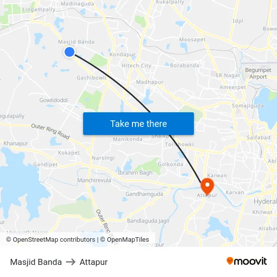 Masjid Banda to Attapur map