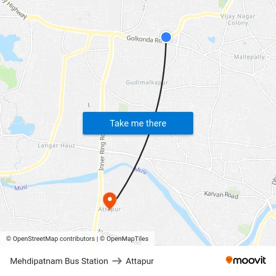 Mehdipatnam Bus Station to Attapur map