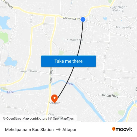 Mehdipatnam Bus Station to Attapur map