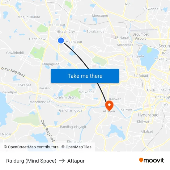 Raidurg (Mind Space) to Attapur map