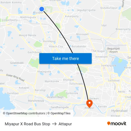 Miyapur X Road Bus Stop to Attapur map