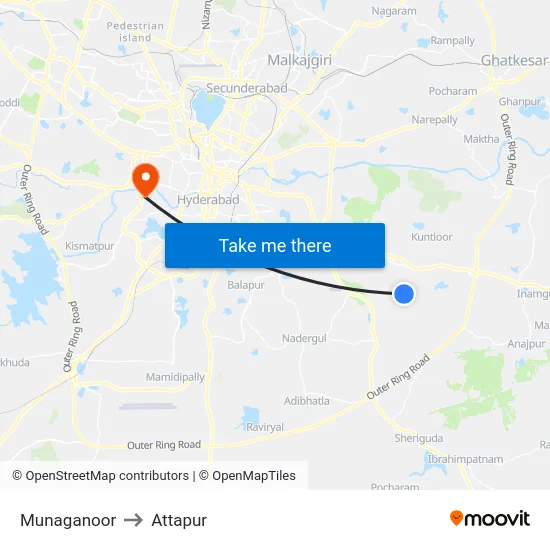Munaganoor to Attapur map