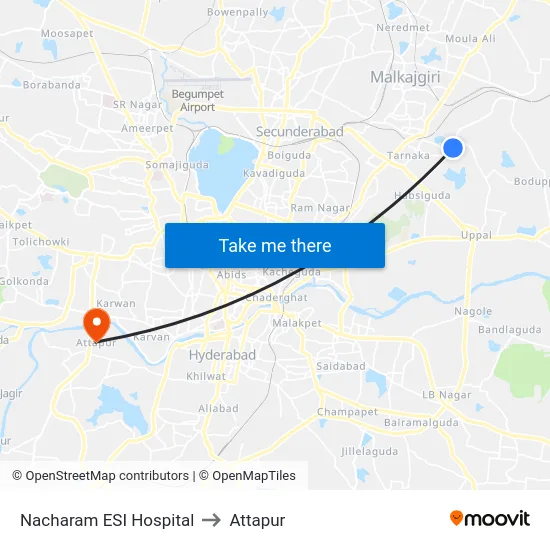 Nacharam ESI Hospital to Attapur map