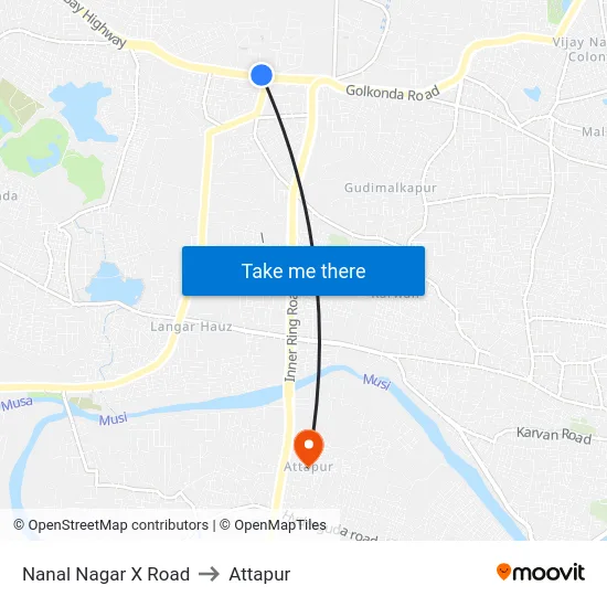 Nanal Nagar X Road to Attapur map