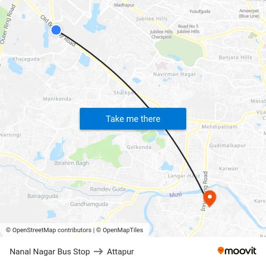 Nanal Nagar Bus Stop to Attapur map