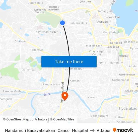 Nandamuri Basavatarakam Cancer Hospital to Attapur map
