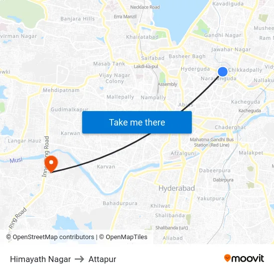 Himayath Nagar to Attapur map