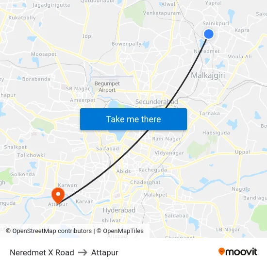 Neredmet X Road to Attapur map