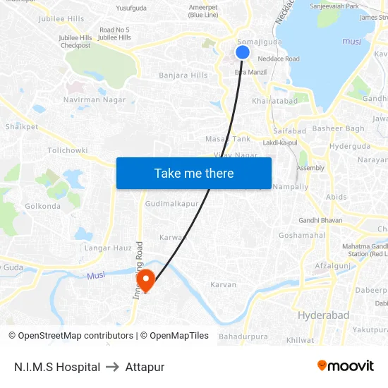 N.I.M.S Hospital to Attapur map