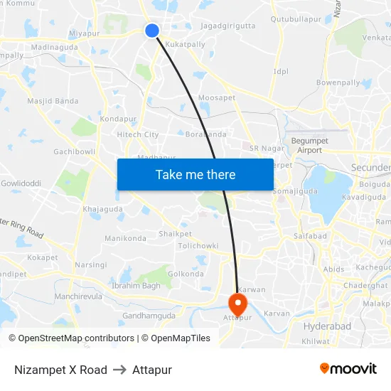 Nizampet X Road to Attapur map