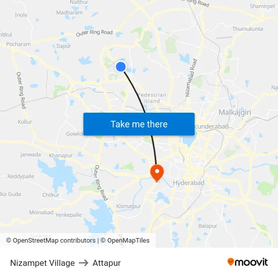 Nizampet Village to Attapur map