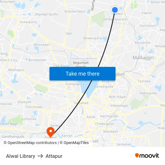 Alwal Library to Attapur map