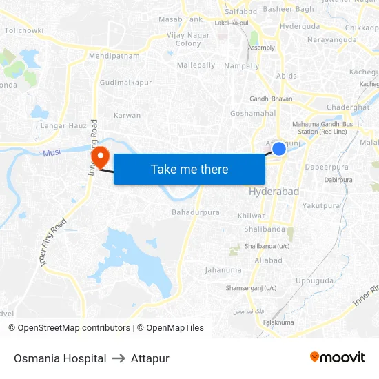 Osmania Hospital to Attapur map