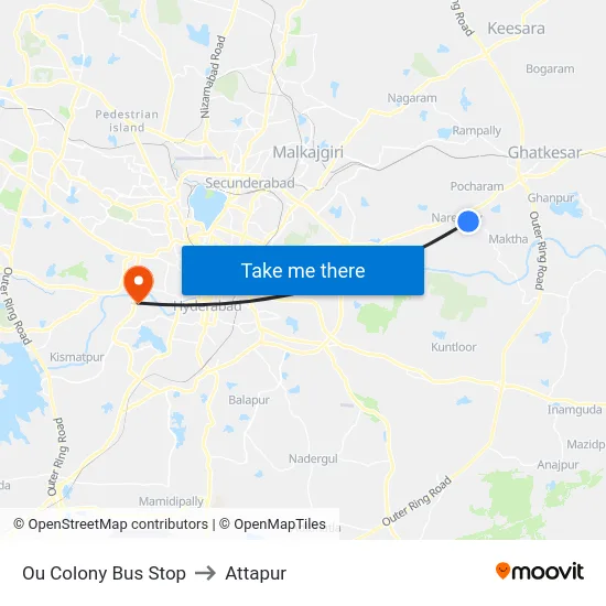 Ou Colony Bus Stop to Attapur map
