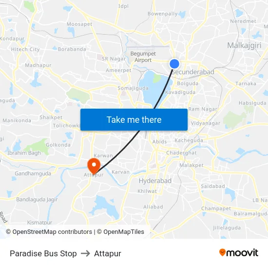 Paradise Bus Stop to Attapur map