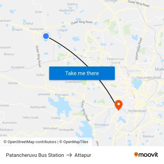 Patancheruvu Bus Station to Attapur map