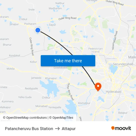 Patancheruvu Bus Station to Attapur map