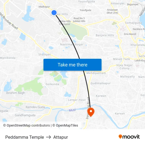 Peddamma Temple to Attapur map