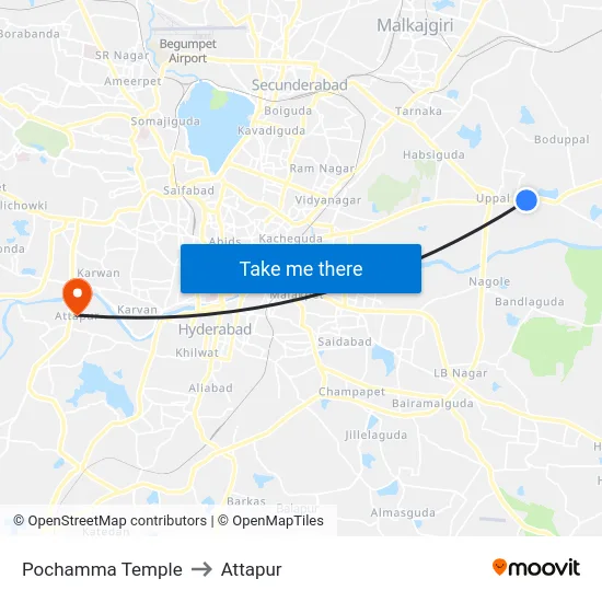 Pochamma Temple to Attapur map