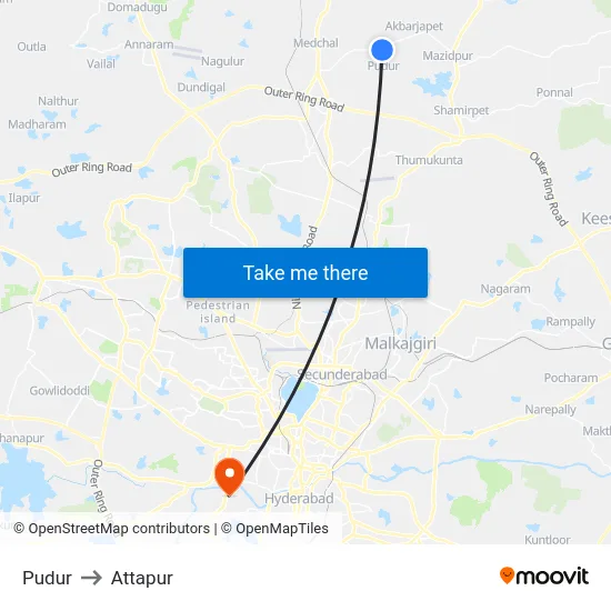 Pudur to Attapur map
