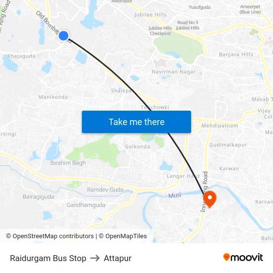 Raidurgam Bus Stop to Attapur map