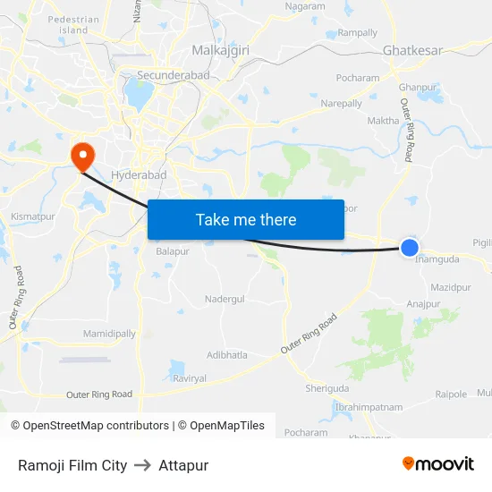 Ramoji Film City to Attapur map