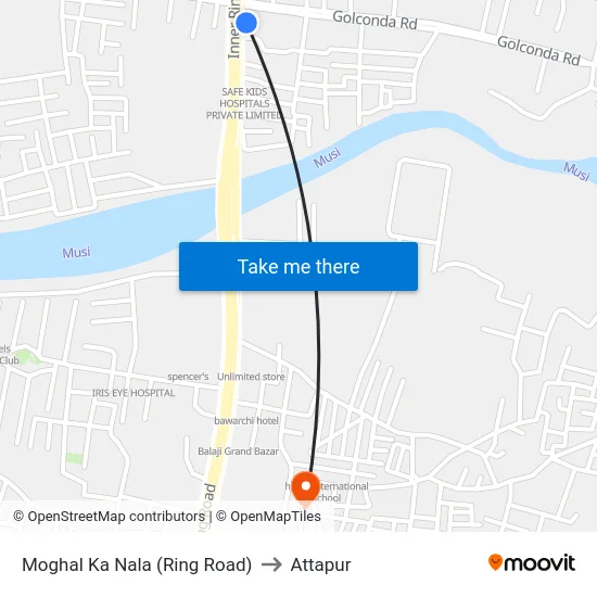 Moghal Ka Nala (Ring Road) to Attapur map