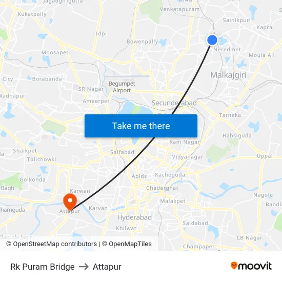 Rk Puram Bridge to Attapur map