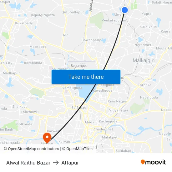 Alwal Raithu Bazar to Attapur map