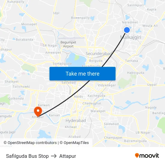Safilguda Bus Stop to Attapur map