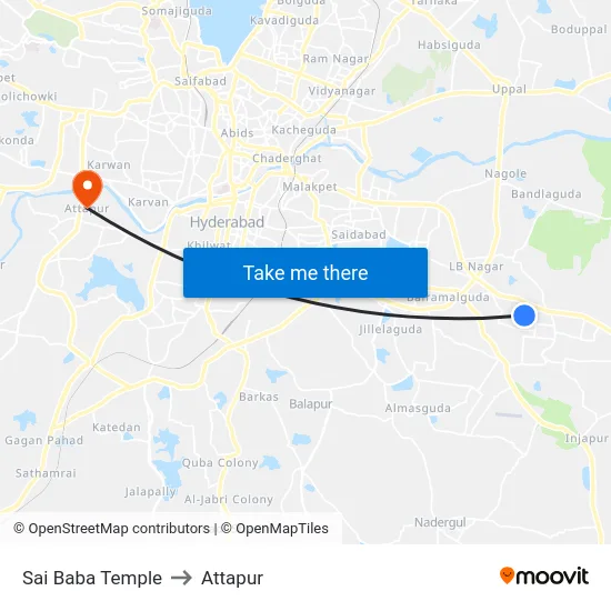 Sai Baba Temple to Attapur map